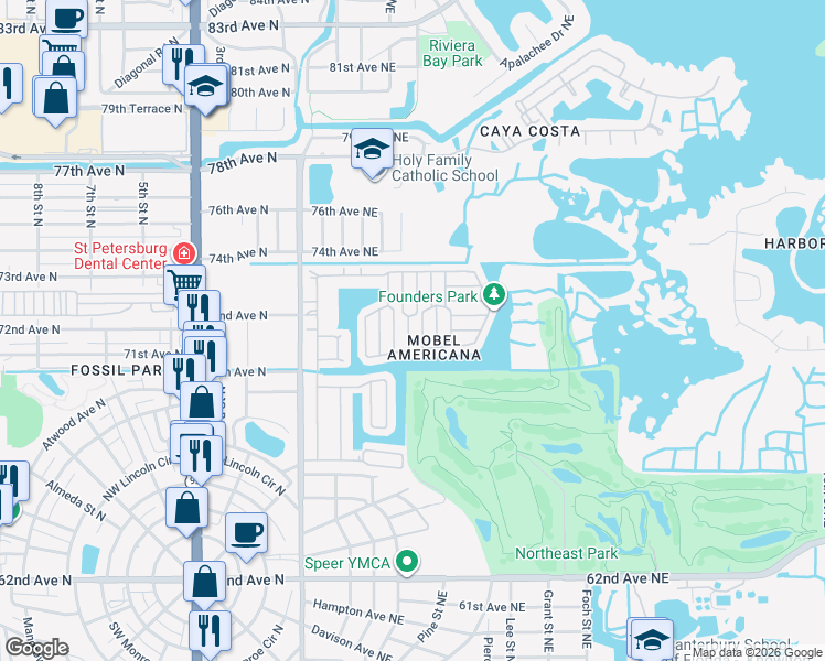map of restaurants, bars, coffee shops, grocery stores, and more near 7048 Mount Essex Drive Northeast in St. Petersburg