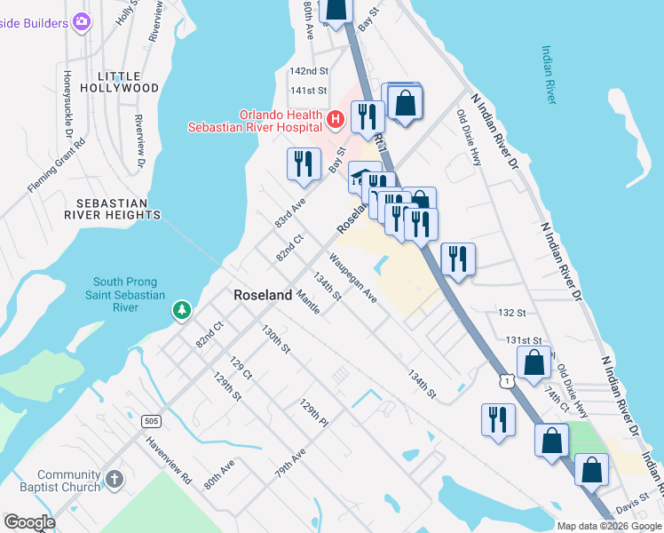 map of restaurants, bars, coffee shops, grocery stores, and more near 8145 Waupegan Avenue in Sebastian
