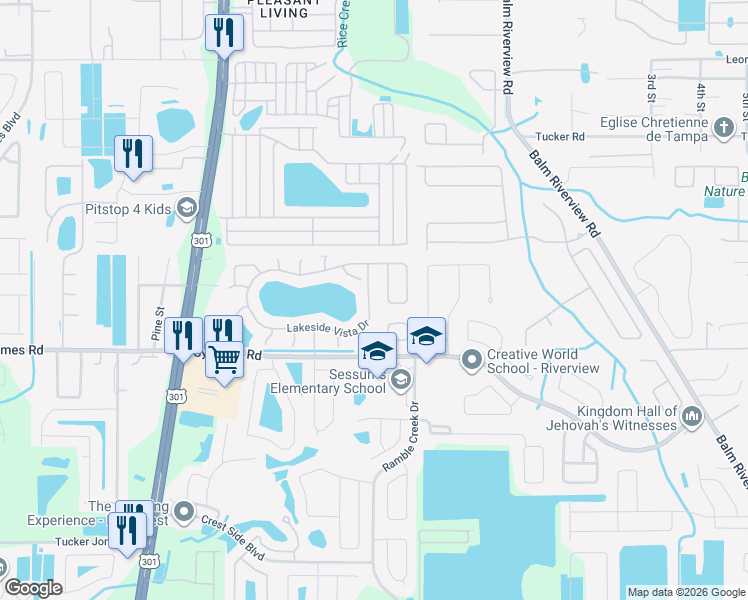 map of restaurants, bars, coffee shops, grocery stores, and more near 11121 Lakeside Vista Drive in Riverview