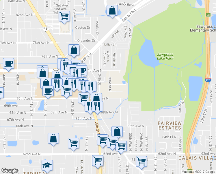 map of restaurants, bars, coffee shops, grocery stores, and more near 7130 33rd Street North in St. Petersburg