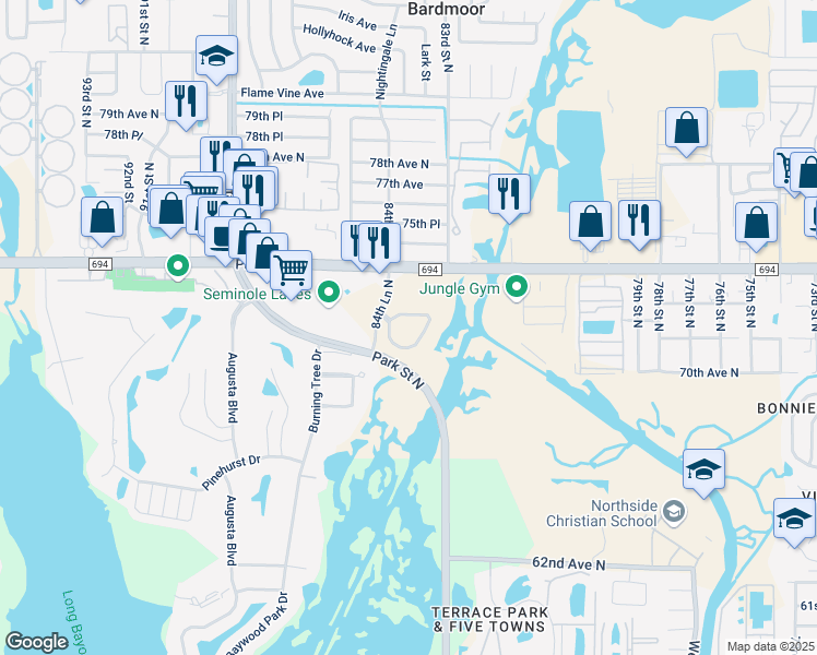 map of restaurants, bars, coffee shops, grocery stores, and more near 108 Bayou Boardwalk in Seminole