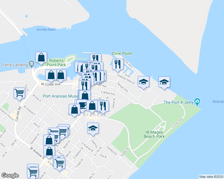 map of restaurants, bars, coffee shops, grocery stores, and more near 424 East Cotter Avenue in Port Aransas