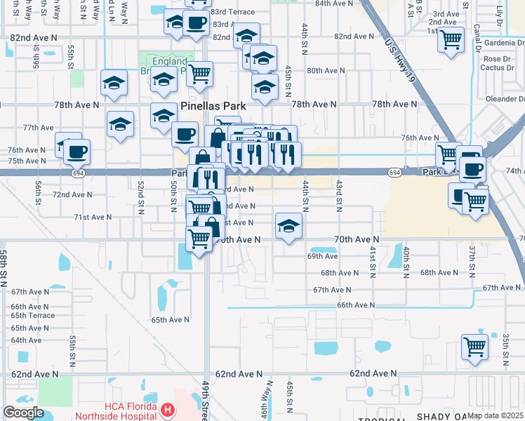 map of restaurants, bars, coffee shops, grocery stores, and more near 4624 72nd Avenue North in Pinellas Park