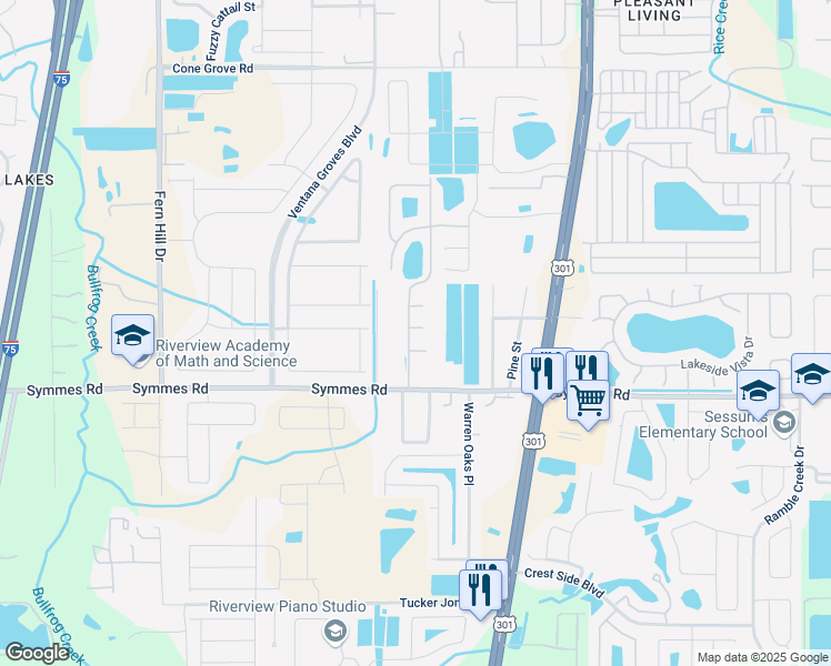 map of restaurants, bars, coffee shops, grocery stores, and more near 10401 Hawk Court in Riverview