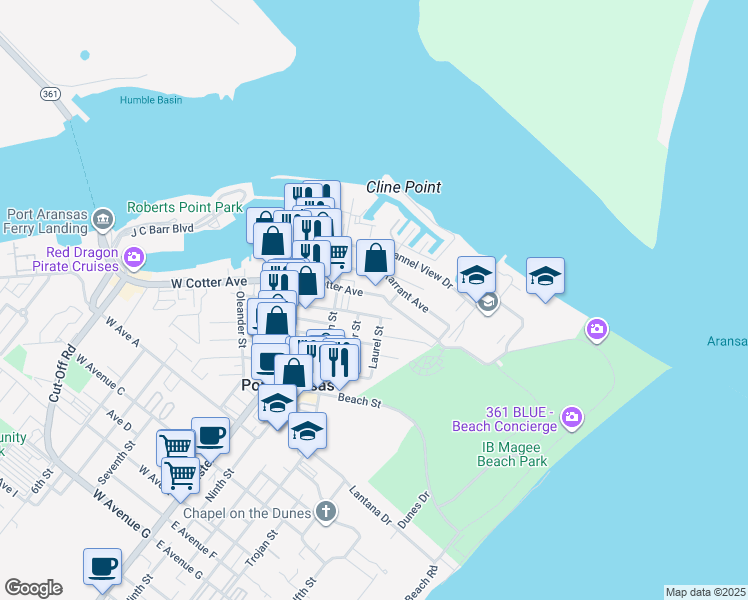 map of restaurants, bars, coffee shops, grocery stores, and more near 424 East Cotter Avenue in Port Aransas