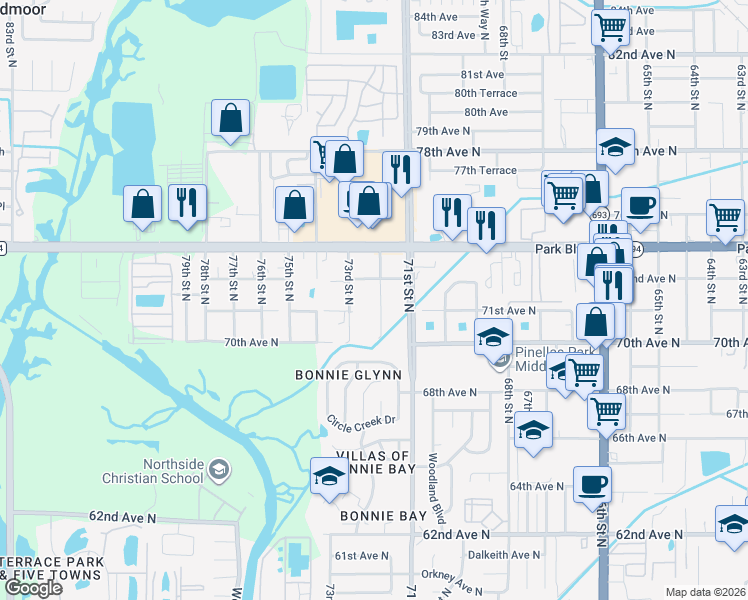 map of restaurants, bars, coffee shops, grocery stores, and more near 7108 72nd Street North in Pinellas Park