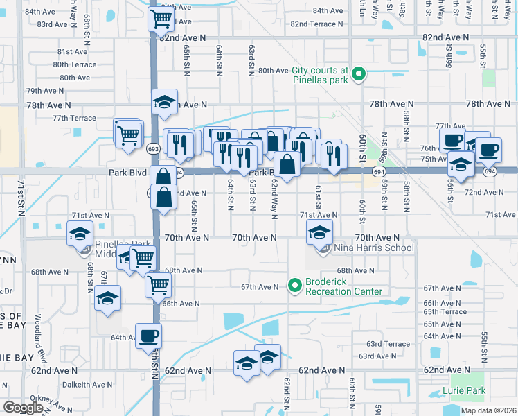 map of restaurants, bars, coffee shops, grocery stores, and more near 7113 63rd Street in Pinellas Park