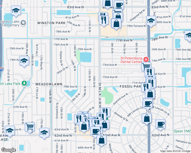 map of restaurants, bars, coffee shops, grocery stores, and more near 7201 10th Street North in St. Petersburg