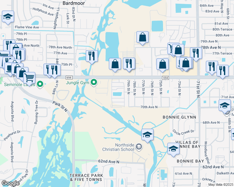 map of restaurants, bars, coffee shops, grocery stores, and more near 7950 Park Boulevard North in Pinellas Park
