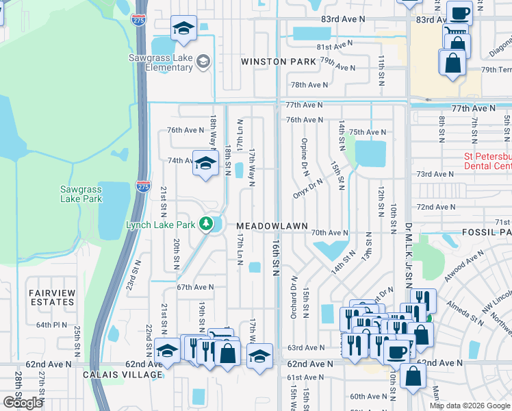 map of restaurants, bars, coffee shops, grocery stores, and more near 7145 17th Street North in St. Petersburg