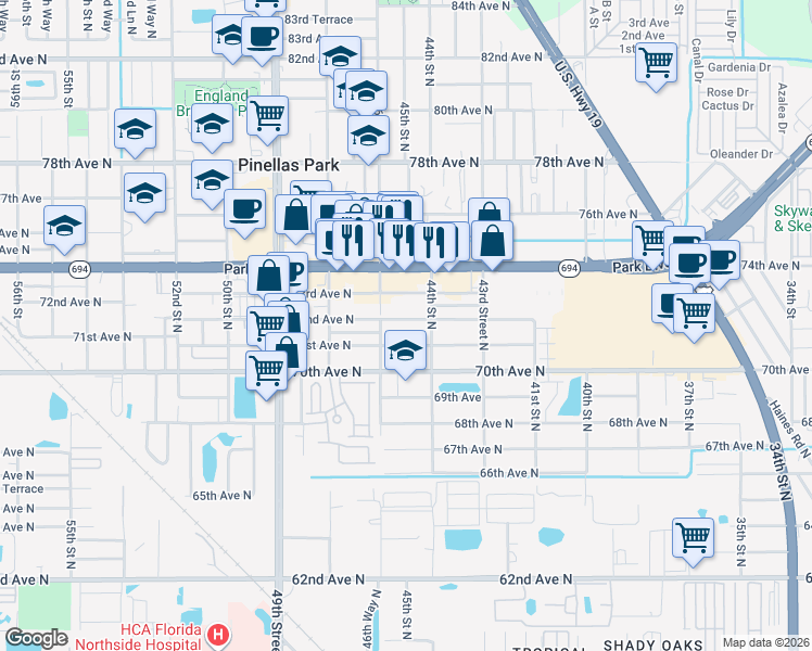 map of restaurants, bars, coffee shops, grocery stores, and more near 4500 72nd Avenue North in Pinellas Park