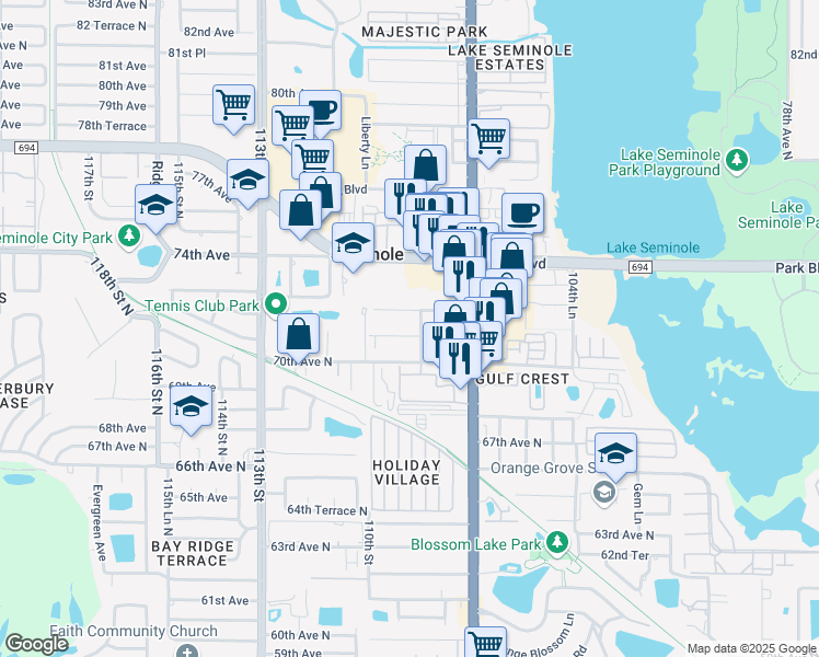 map of restaurants, bars, coffee shops, grocery stores, and more near 10875 71st Ave in Seminole