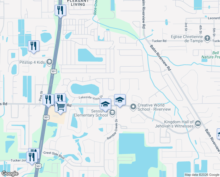 map of restaurants, bars, coffee shops, grocery stores, and more near 10222 Lakeside Vista Drive in Riverview