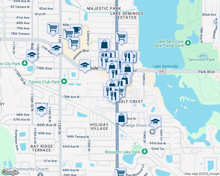 map of restaurants, bars, coffee shops, grocery stores, and more near 10755 71st Avenue in Seminole