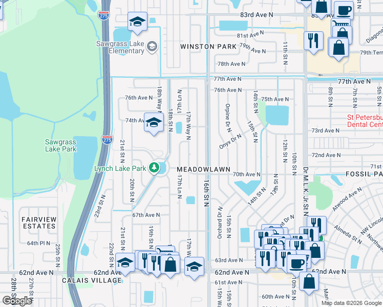 map of restaurants, bars, coffee shops, grocery stores, and more near 7145 17th Street North in St. Petersburg