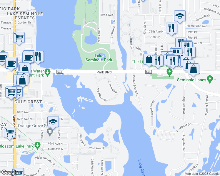map of restaurants, bars, coffee shops, grocery stores, and more near 7162 Conch Boulevard in Seminole