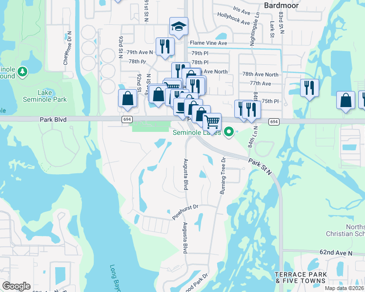 map of restaurants, bars, coffee shops, grocery stores, and more near 7132 Augusta Boulevard in Seminole