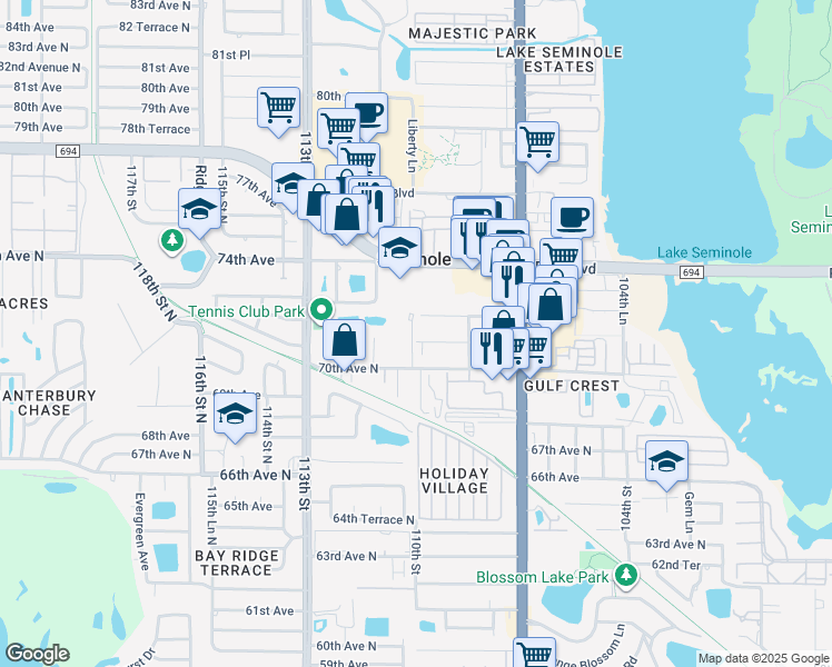 map of restaurants, bars, coffee shops, grocery stores, and more near 10995 71st Avenue in Seminole