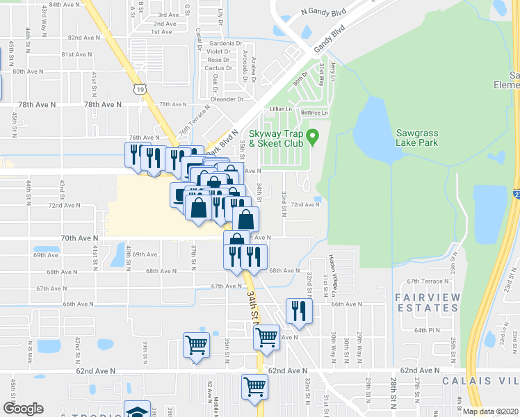 map of restaurants, bars, coffee shops, grocery stores, and more near 7205 34th Street in Pinellas Park