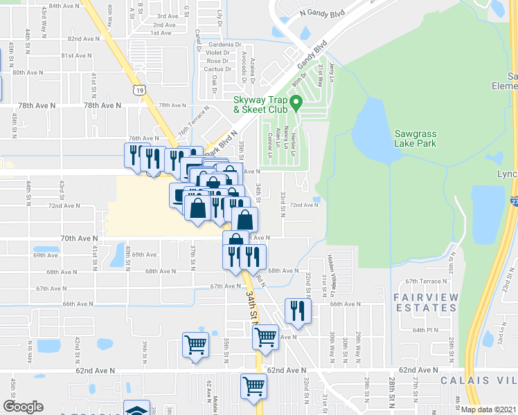 map of restaurants, bars, coffee shops, grocery stores, and more near 7209 34th Street in Pinellas Park