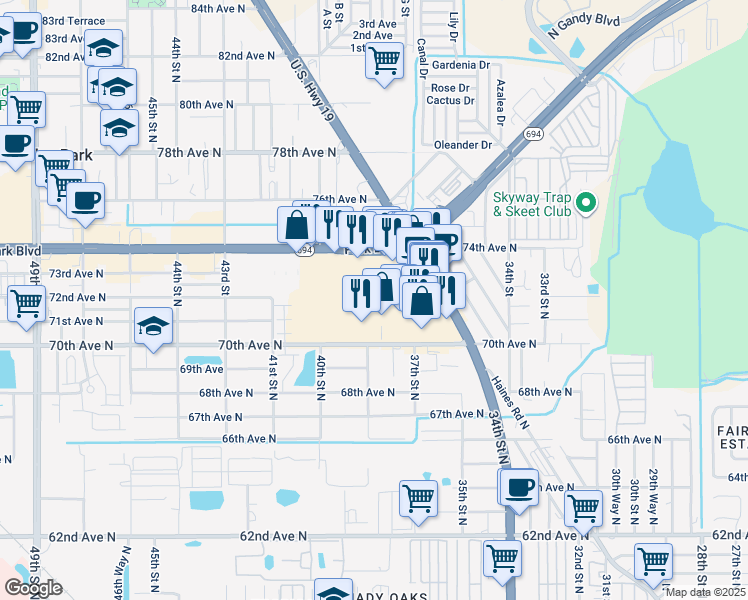 map of restaurants, bars, coffee shops, grocery stores, and more near 7400 US Highway 19 North in Pinellas Park