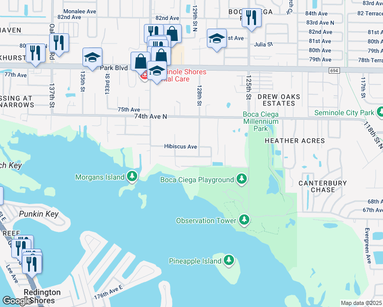 map of restaurants, bars, coffee shops, grocery stores, and more near 12834 Poinsettia Avenue in Seminole