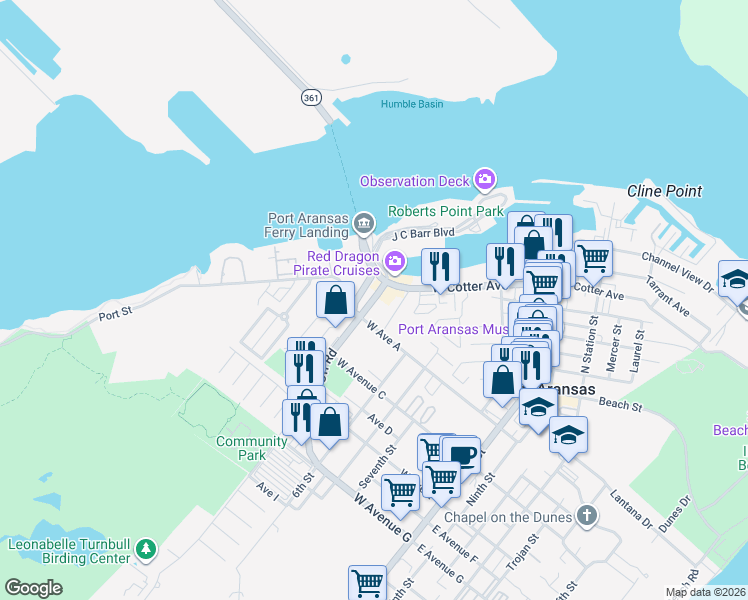 map of restaurants, bars, coffee shops, grocery stores, and more near 710 West Avenue A in Port Aransas