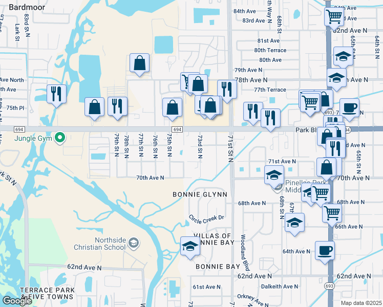 map of restaurants, bars, coffee shops, grocery stores, and more near 7180 73rd Street North in Pinellas Park