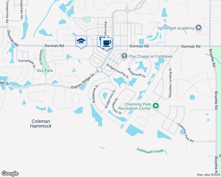 map of restaurants, bars, coffee shops, grocery stores, and more near 16105 Bridgedale Drive in Lithia