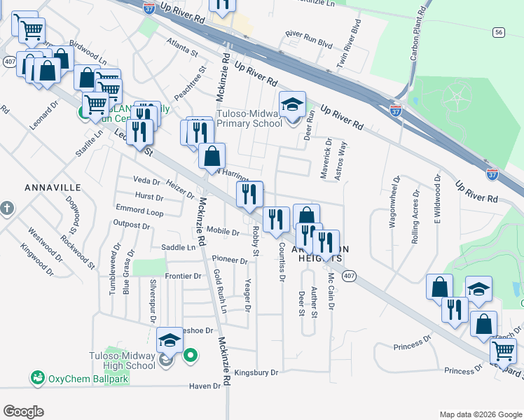 map of restaurants, bars, coffee shops, grocery stores, and more near 10304 Leopard Street in Corpus Christi