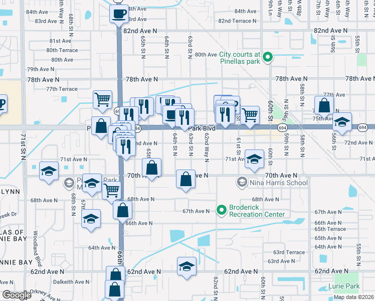 map of restaurants, bars, coffee shops, grocery stores, and more near 7109 64th Street North in Pinellas Park