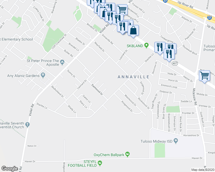map of restaurants, bars, coffee shops, grocery stores, and more near 4018 Brownwood Circle in Corpus Christi