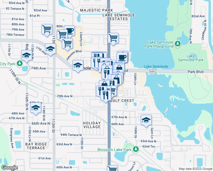 map of restaurants, bars, coffee shops, grocery stores, and more near 10755 71st Avenue in Seminole