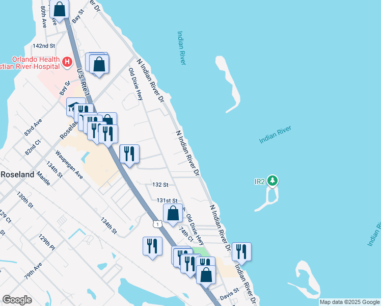 map of restaurants, bars, coffee shops, grocery stores, and more near 13340 North Indian River Drive in Sebastian