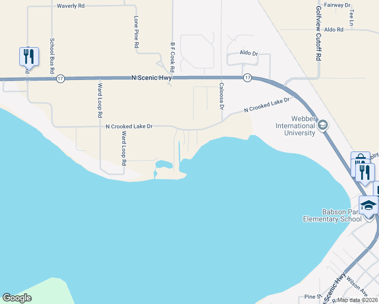 map of restaurants, bars, coffee shops, grocery stores, and more near 624 North Crooked Lake Drive in Babson Park