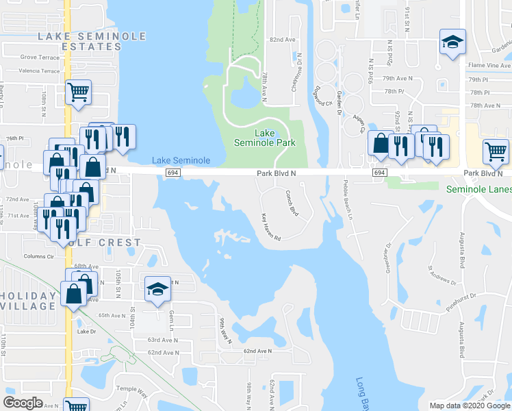 map of restaurants, bars, coffee shops, grocery stores, and more near 7070 Key Haven Road in Seminole