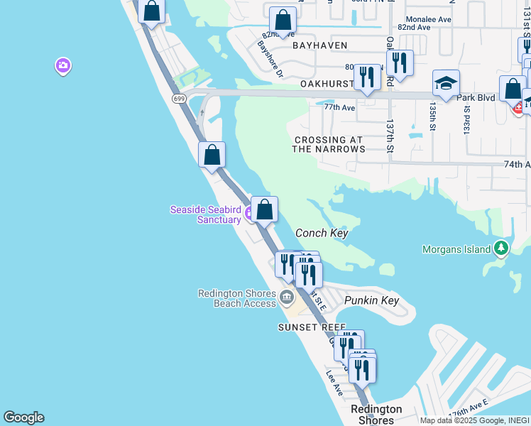 map of restaurants, bars, coffee shops, grocery stores, and more near in Indian Shores
