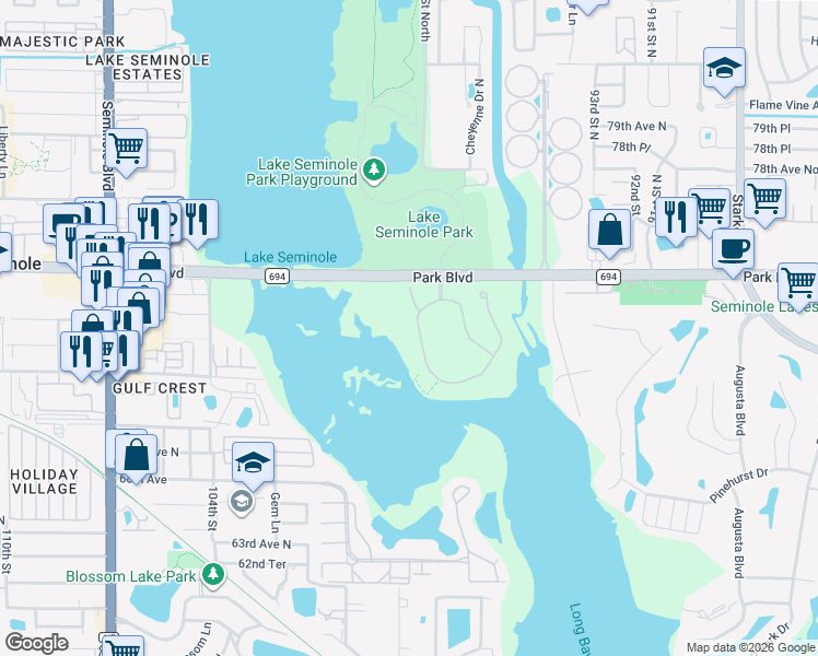map of restaurants, bars, coffee shops, grocery stores, and more near 7070 Key Haven Road in Seminole