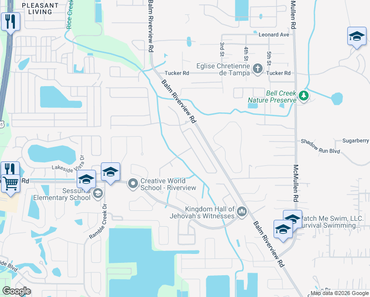 map of restaurants, bars, coffee shops, grocery stores, and more near 11133 Running Pine Drive in Riverview
