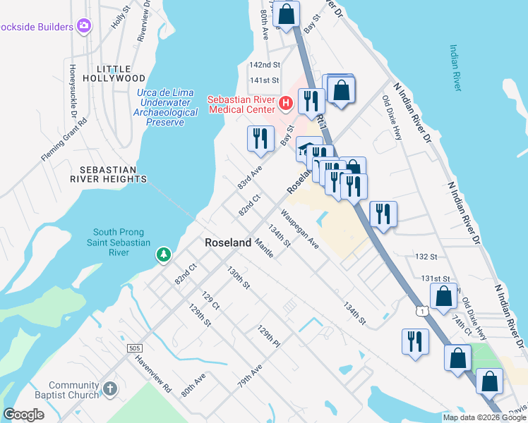 map of restaurants, bars, coffee shops, grocery stores, and more near 8230 133 Place in Sebastian