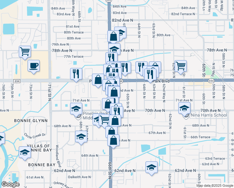 map of restaurants, bars, coffee shops, grocery stores, and more near 7172 65th Way North in Pinellas Park
