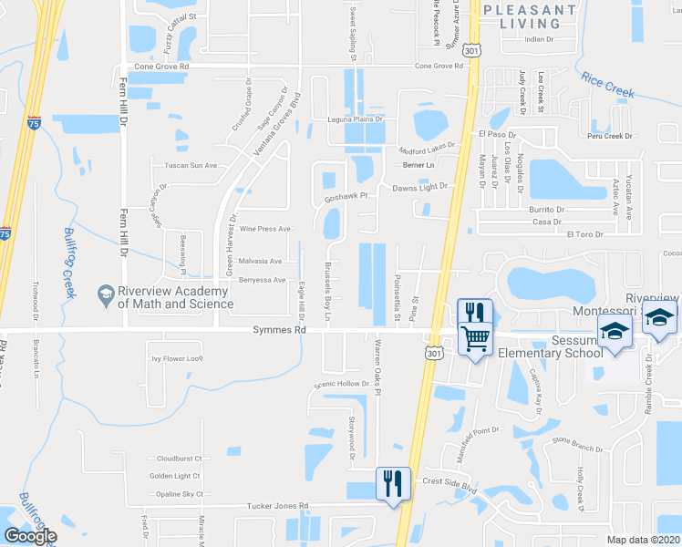 map of restaurants, bars, coffee shops, grocery stores, and more near 10404 Hawk Court in Riverview