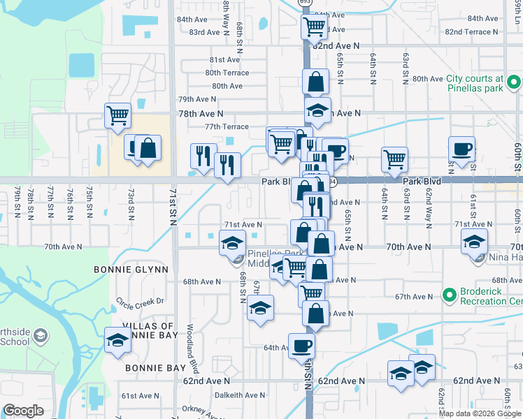 map of restaurants, bars, coffee shops, grocery stores, and more near 6720 Park Boulevard in Pinellas Park