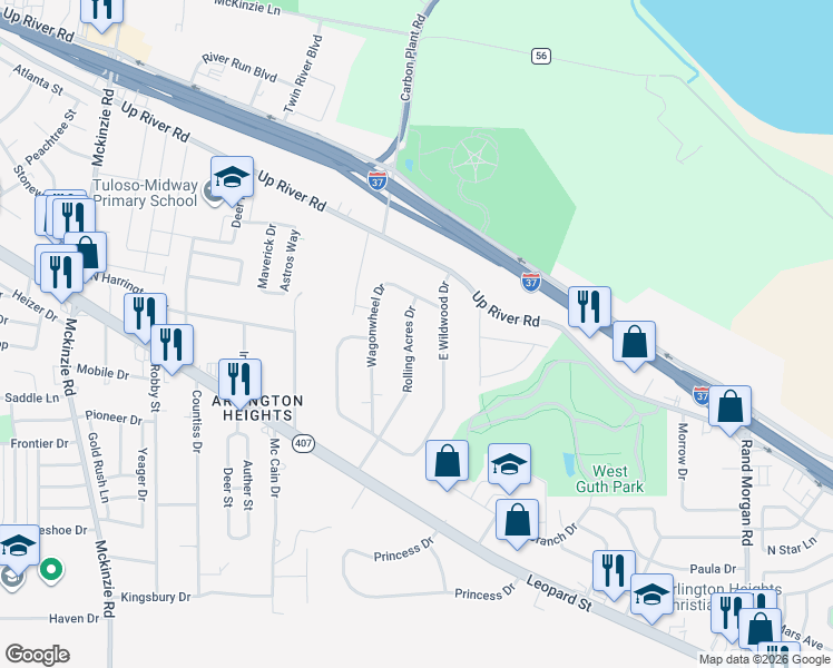 map of restaurants, bars, coffee shops, grocery stores, and more near 350 East Wildwood Drive in Corpus Christi