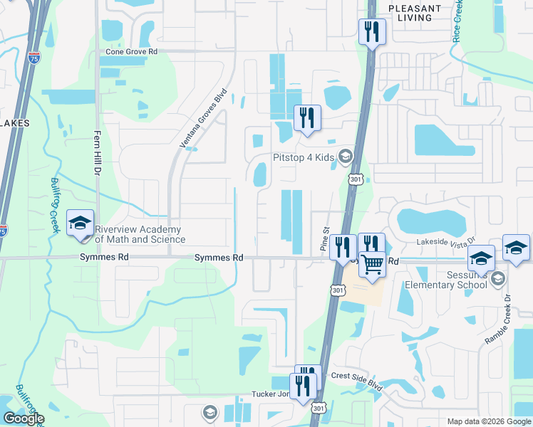 map of restaurants, bars, coffee shops, grocery stores, and more near 10404 Hawk Court in Riverview