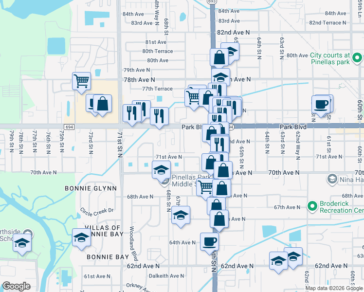 map of restaurants, bars, coffee shops, grocery stores, and more near 6706 71st Avenue North in Pinellas Park
