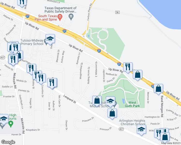 map of restaurants, bars, coffee shops, grocery stores, and more near 350 East Wildwood Drive in Corpus Christi