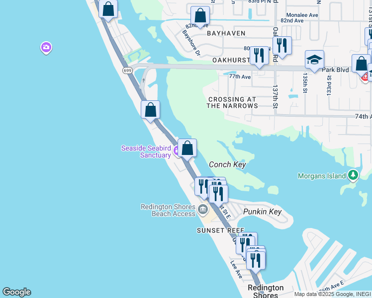 map of restaurants, bars, coffee shops, grocery stores, and more near 18399 Gulf Boulevard in Indian Shores