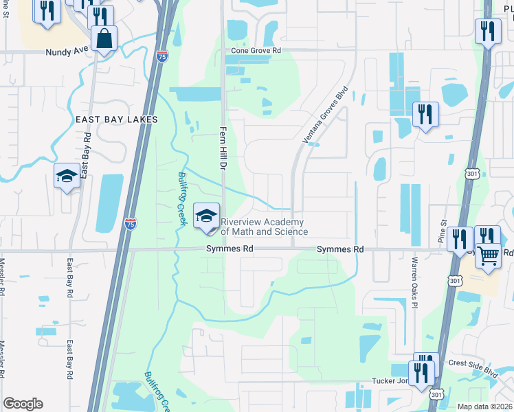 map of restaurants, bars, coffee shops, grocery stores, and more near 11503 Sage Canyon Drive in Riverview