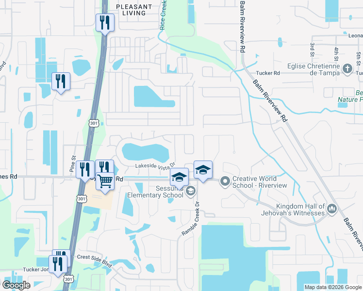 map of restaurants, bars, coffee shops, grocery stores, and more near 10215 Lakeside Vista Drive in Riverview